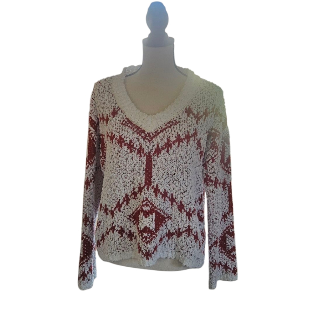 Women's Cream and Red Geometric Sweater